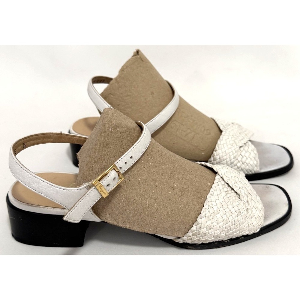 Vintage Salvatore Ferragamo Sandal 6 White Woven Leather Block Heel